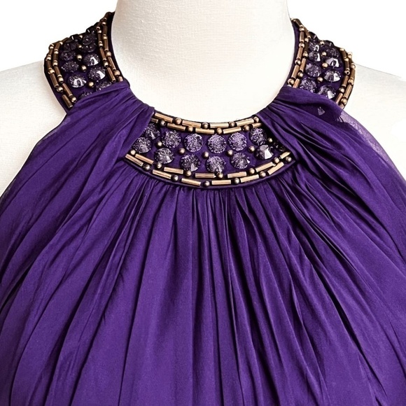 Carmen Marc Valvo Silk Purple Beaded Halter Ruched Cocktail Dress Size 8 - Picture 3 of 7